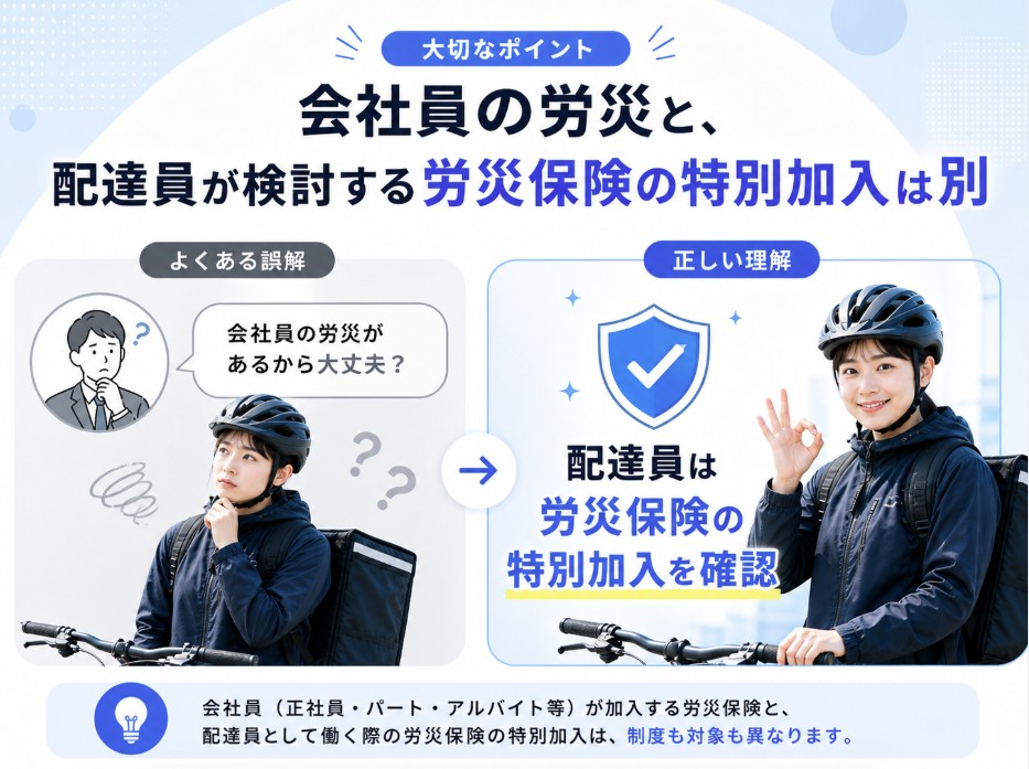 フードデリバリー配達員の労災特別加入と会社員の労災との違いを比較し、配達員は労災保険の特別加入を確認すべきことを示す解説画像