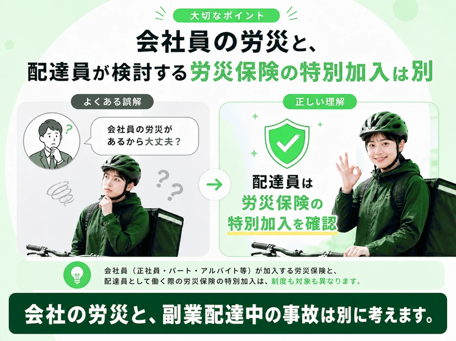 会社の労災と副業配達中の事故は別に考えることを伝える見出し画像