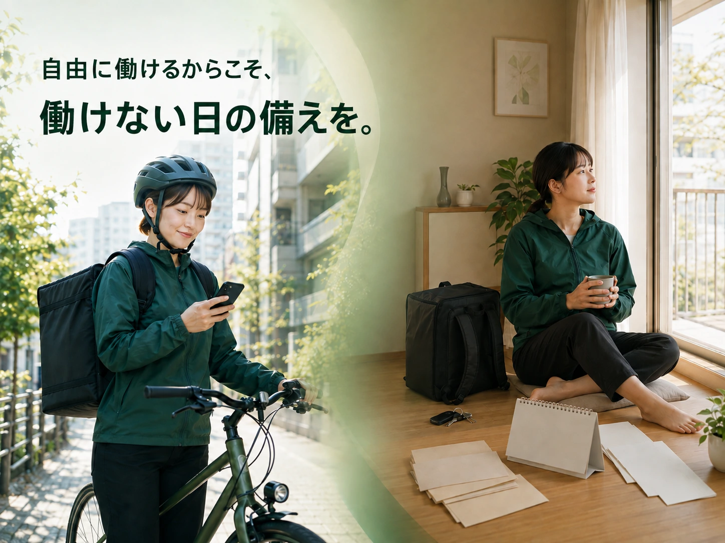 自由に働くフードデリバリー配達員と、働けない期間への備えを表すイメージ